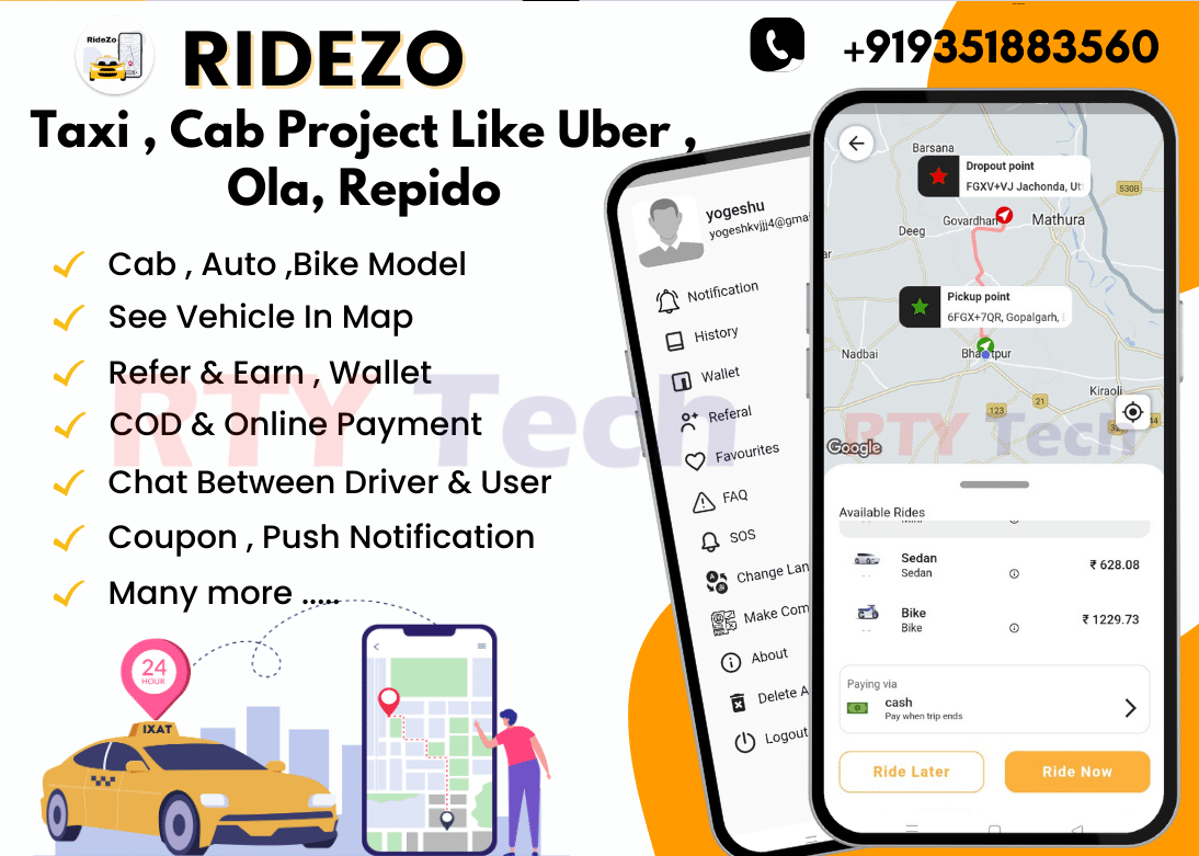 Ridezo – Taxi Booking App Like Uber , OLA , Rapido Clone
